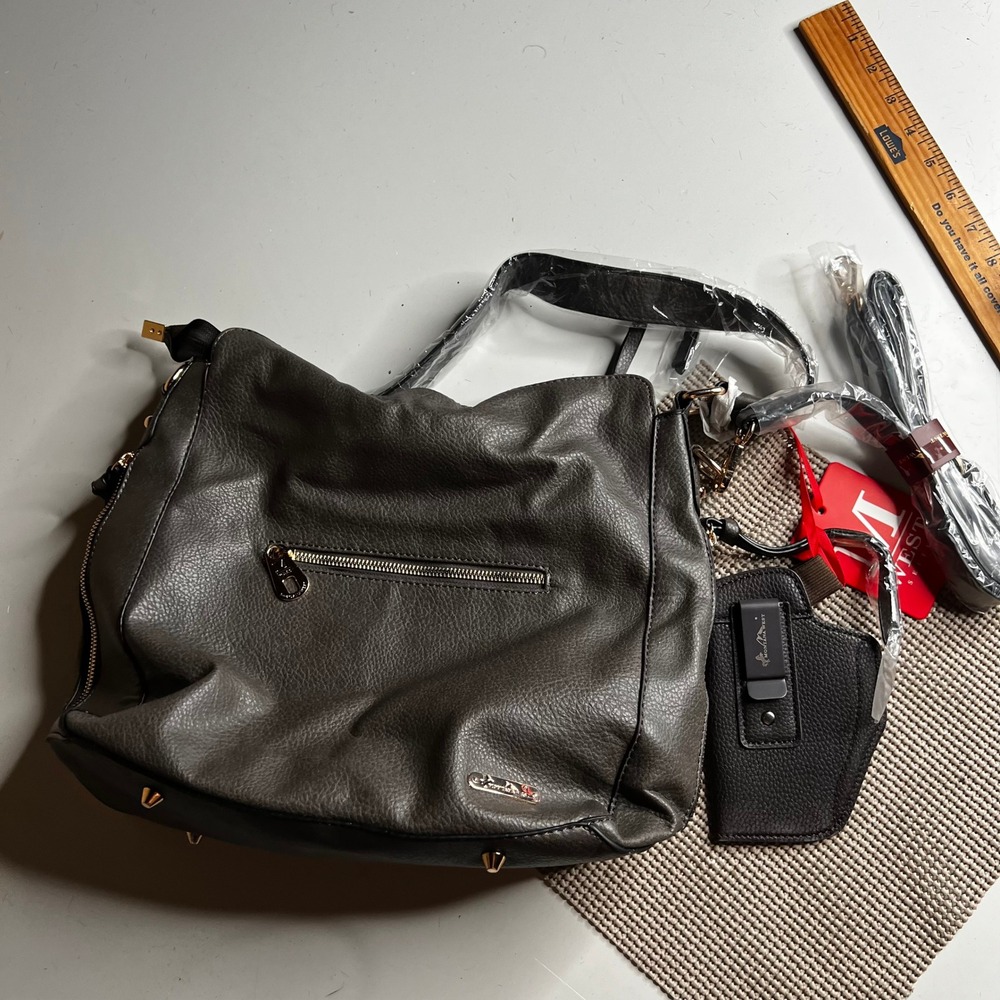 Montana West Select Concealed Carry Hobo Bag Gray Studded Vegan Leather Holster
